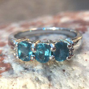 Teal Kyanite Trilogy Ring .925 Sterling Silver Natural Gemstones Trendy